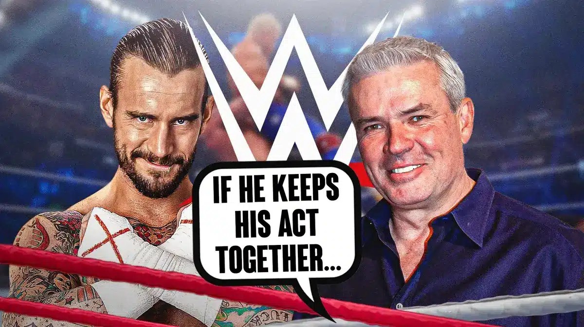Eric Bischoff with a text bubble reading “If he keeps his act together…” next to CM Punk with the WWE logo as the background.