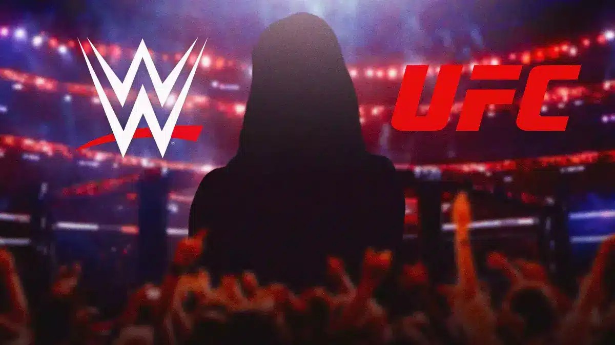 The blacked-out silhouette of Matt Riddle with the WWE logo on his left and the UFC logo on his right.