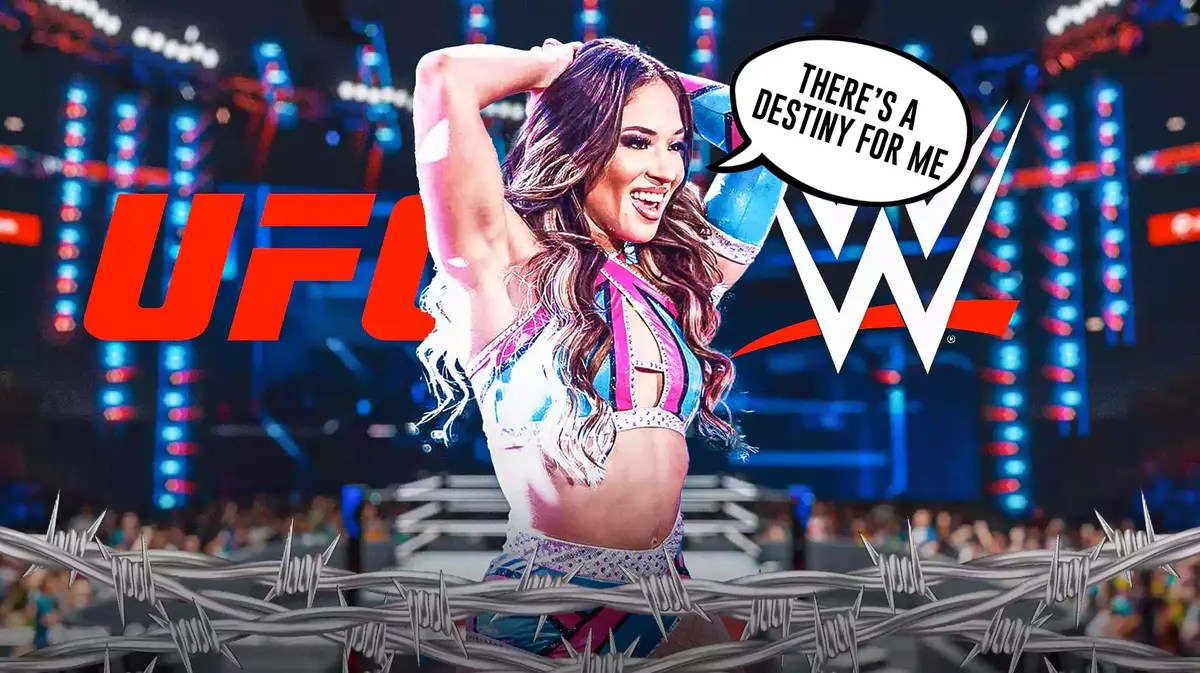 Lola Vice with a text bubble reading “There’s a destiny for me” with the WWE logo on her right and the UFC logo on her left.