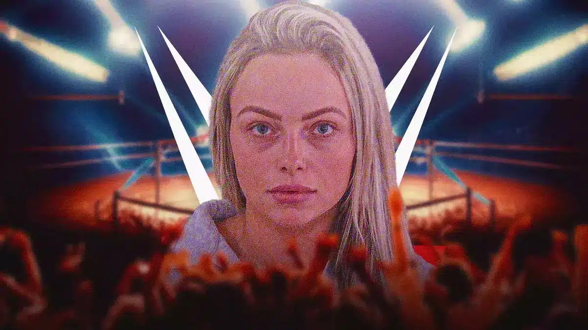 Liv Morgan's arrest photo with the WWE logo as the background.
