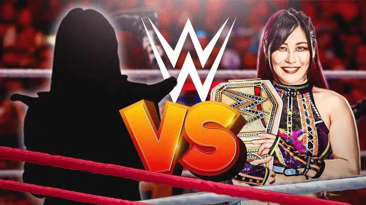 The blacked out silhouette of Deonna Purrazzo next to IYO SKY with a versus symbol between them and the WWE logo as the background.
