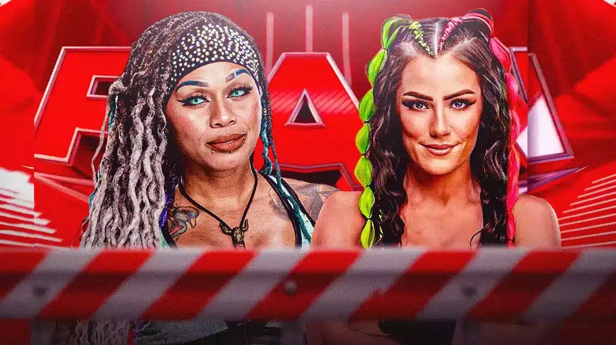 Katana Chance and Kayden Carter in front of the RAW logo