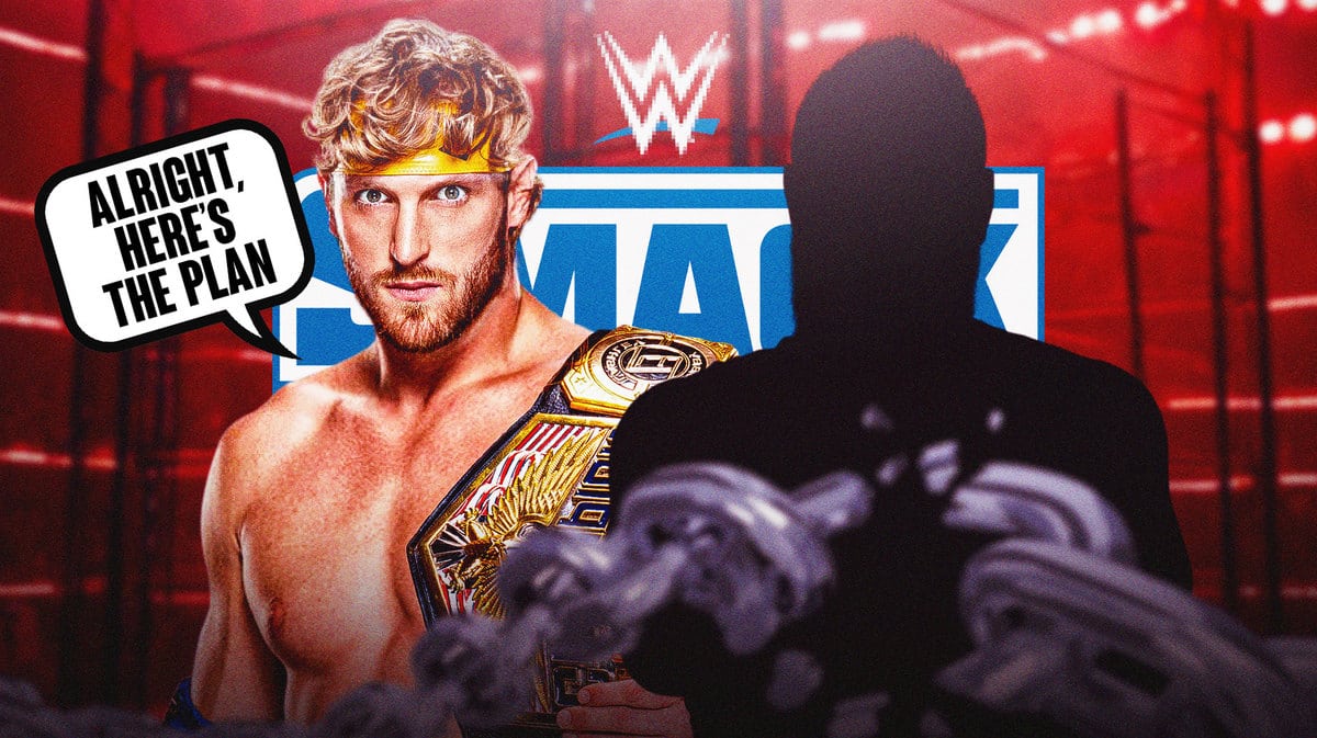 Logan Paul with the WWE United States Championship and a text bubble reading “Alright, here’s the plan” next to the blacked-out silhouette of Kevin Owens with the SmackDown logo as the background.