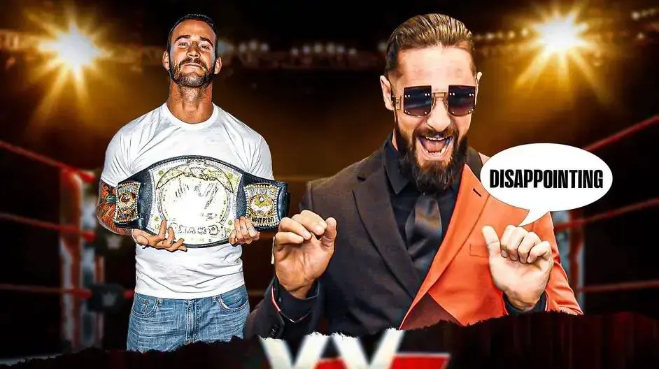 Seth Rollins with a text bubble reading “Disappointing” next to CM Punk on Mount Everest with a WWE logo in the background.