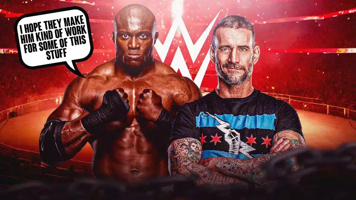 Bobby Lashley with a text bubble readying “I hope they make him kind of work for some of this stuff” next to CM Punk with the WWE logo as the background.