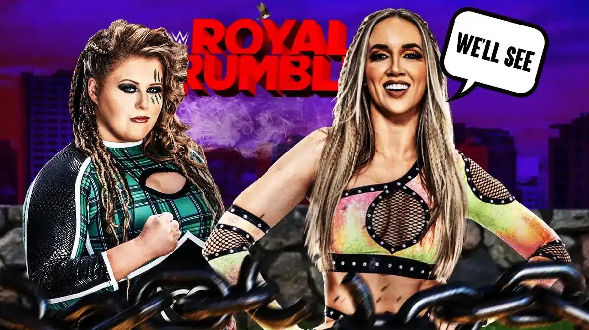 Chelsea Green with a text bubble reading “We’ll see” next to Piper Niven with the Royal Rumble logo as the background.