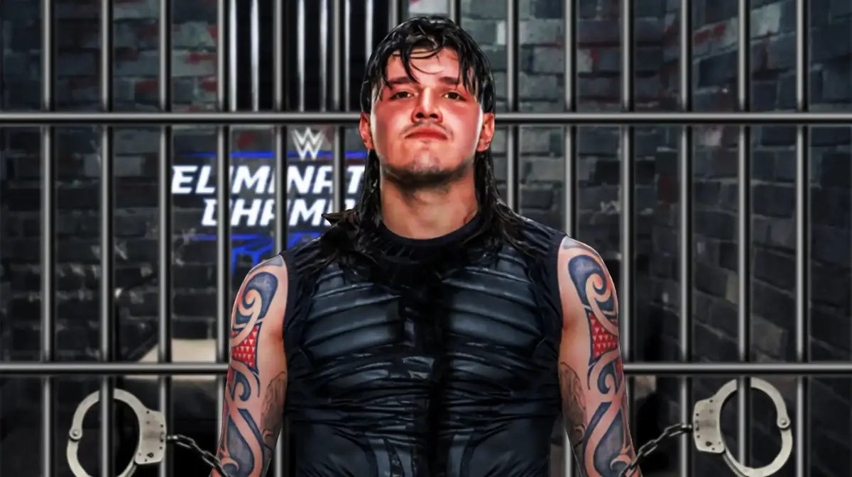 Dominik Mysterio with prison bars over the 2024 Elimination Chamberl logo behind him