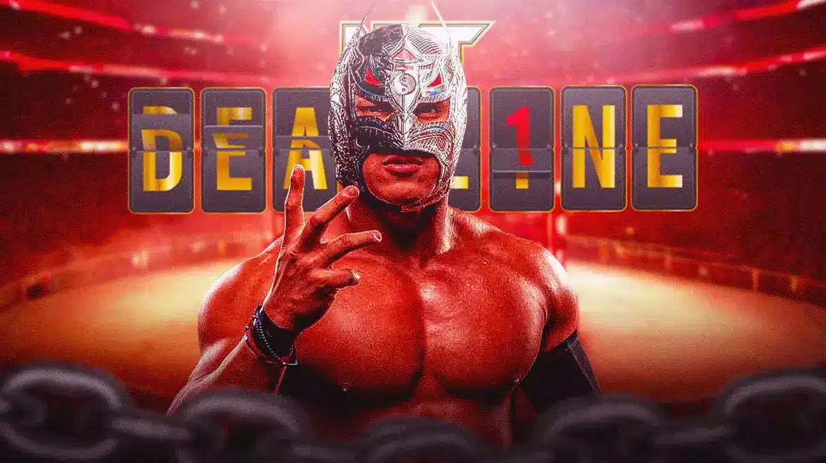 Dragon Lee in front of the 2023 NXT Deadl1ne logo.