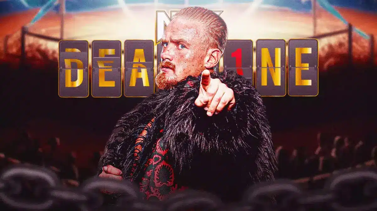 Ilja Dragunov with the 2023 NXT Deadl1ne logo as the background.
