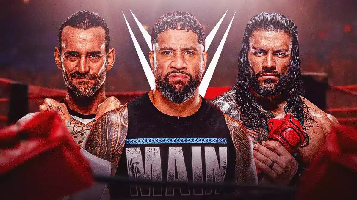 Jey Uso with CM Punk on his left and Roman Reigns on his right with the WWE logo as the background.