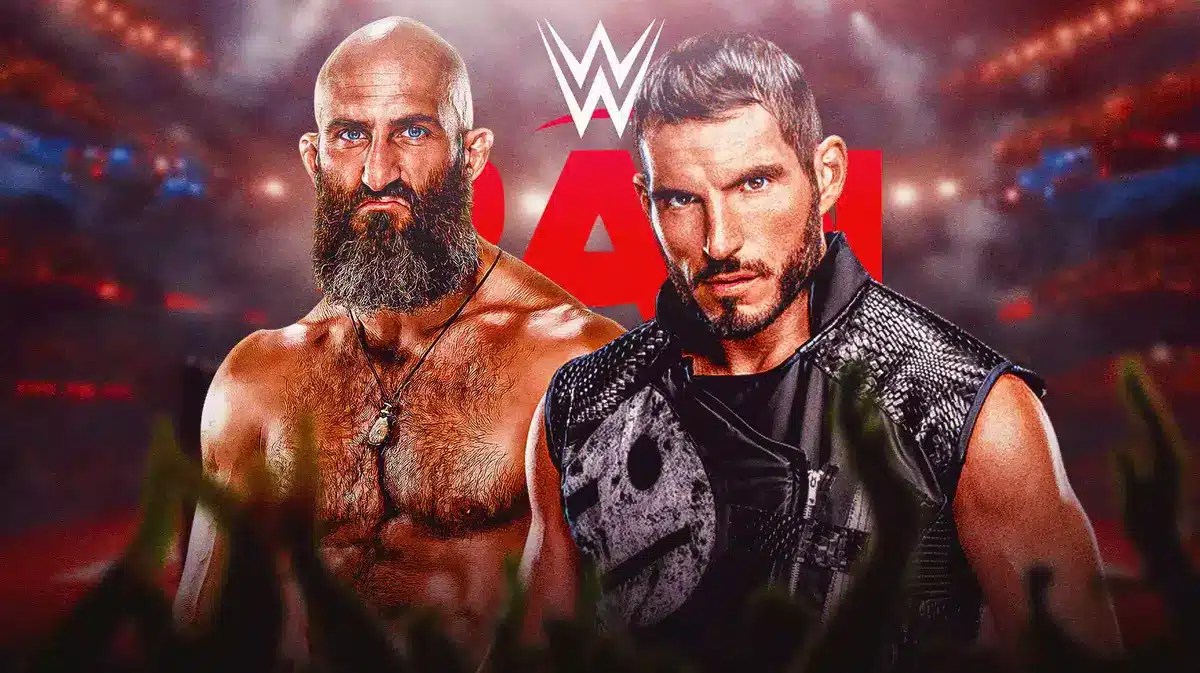 Johnny Gargano and Tommaso Ciampa in front of the RAW logo.