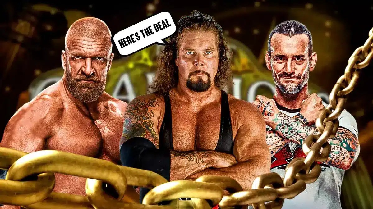 Kevin Nash with a text bubble reading “Here’s the deal” with CM Punk on his left and Triple H on his right with the 2011 Night of Champions logo as the background.