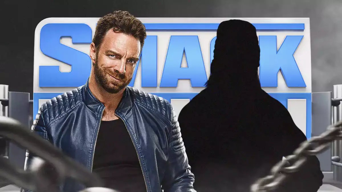 LA Knight next to the blacked-out silhouette of Hulk Hogan with the SmackDown logo as the background.