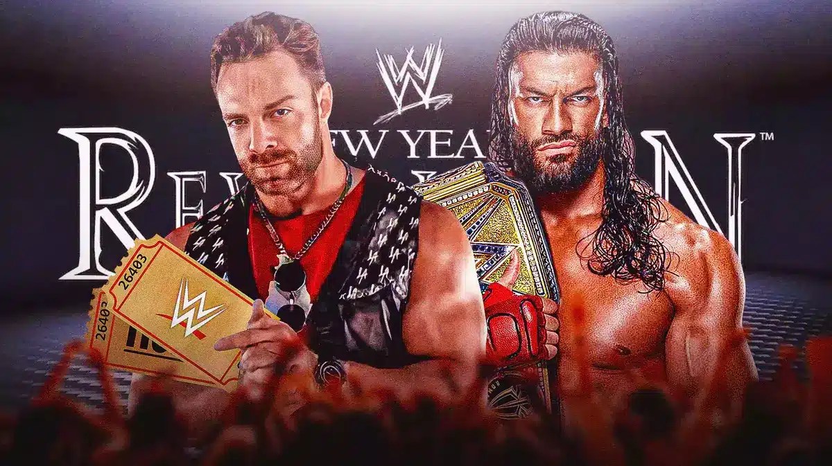 LA Knight holding a ticket with the WWE logo on it next to Roman Reigns with the WWE New Year’s Revolution logo as the background.