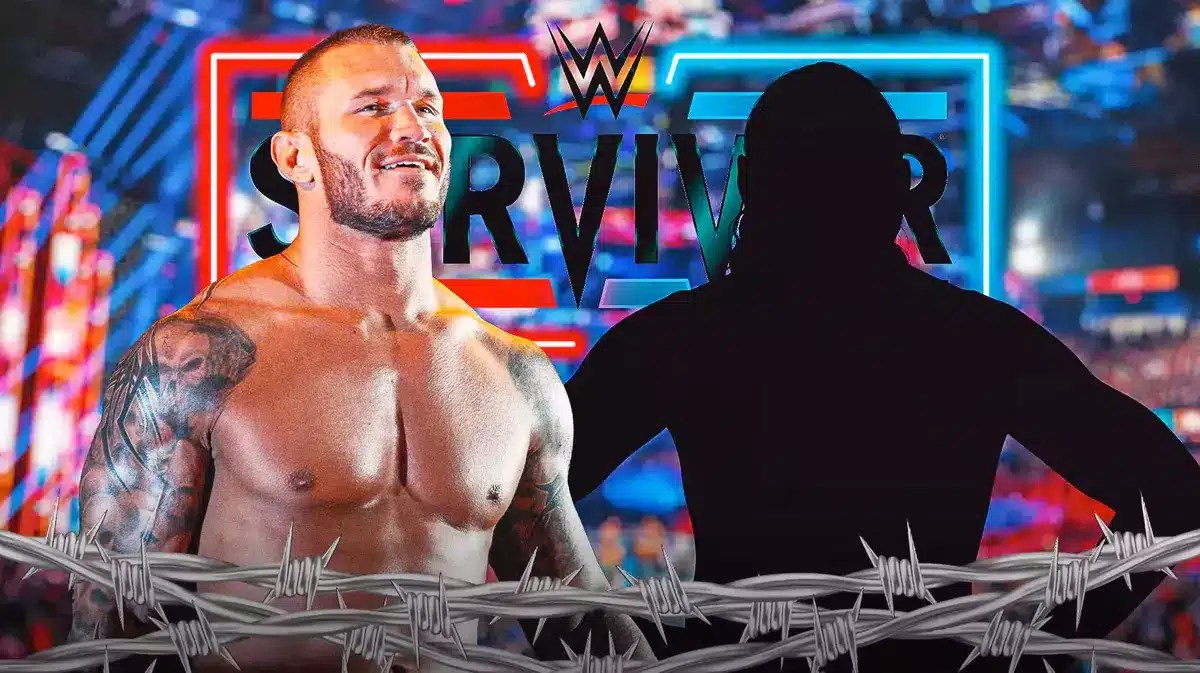 Randy Orton next to the blacked-out silhouette of Matt Hardy with a text bubble reading “He’s a GOAT” with the 2023 Survivor Series logo as the background.