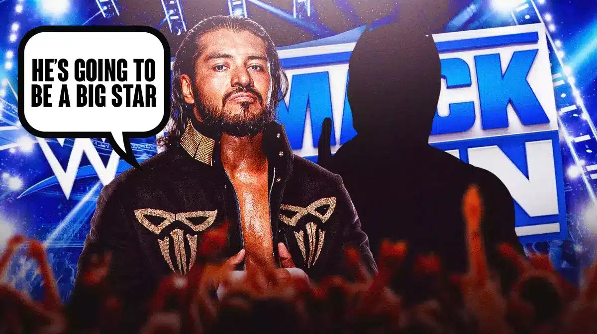 Santos Escobar with a text bubble reading “He’s going to be a big star” next to the blacked-out silhouette of Dragon Lee with the SmackDown logo as the background.