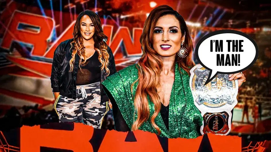 Becky Lynch with a text bubble reading “I’m The Man!” next to Nia Jax with the RAW logo as the background.