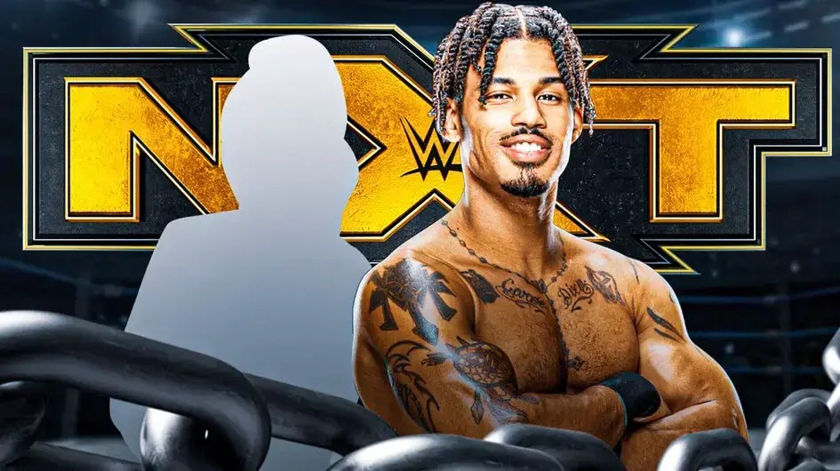 Wes Lee next to the blacked-out silhouette of McKenzie Mitchell with the NXT logo as the background.