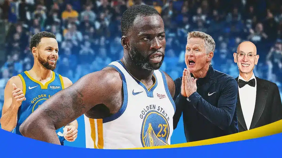 Adam Silver, Steve Kerr, and Stephen Curry looking at a disappointed Warriors' Draymond Green