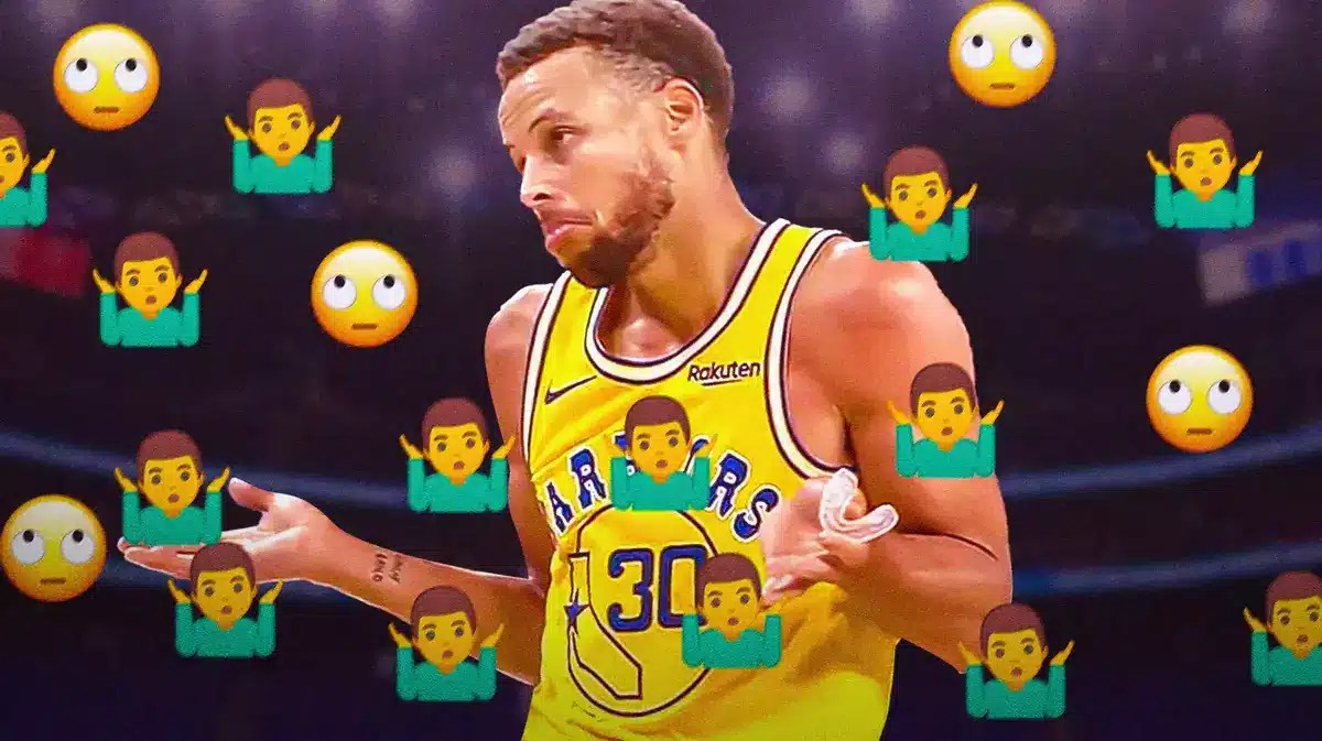 Warriors' Stephen Curry shrugging, looking nonchalant, with shrug and eye-roll emojis around Curry