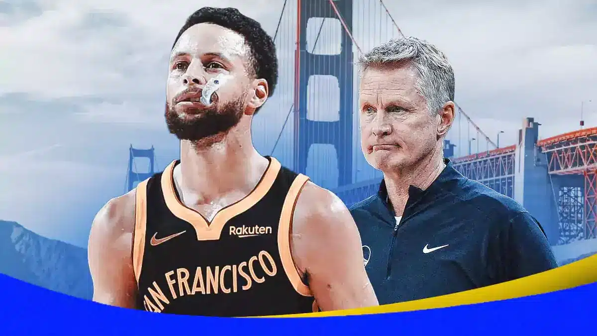 Warriors' Stephen Curry and Steve Kerr with San Francisco background