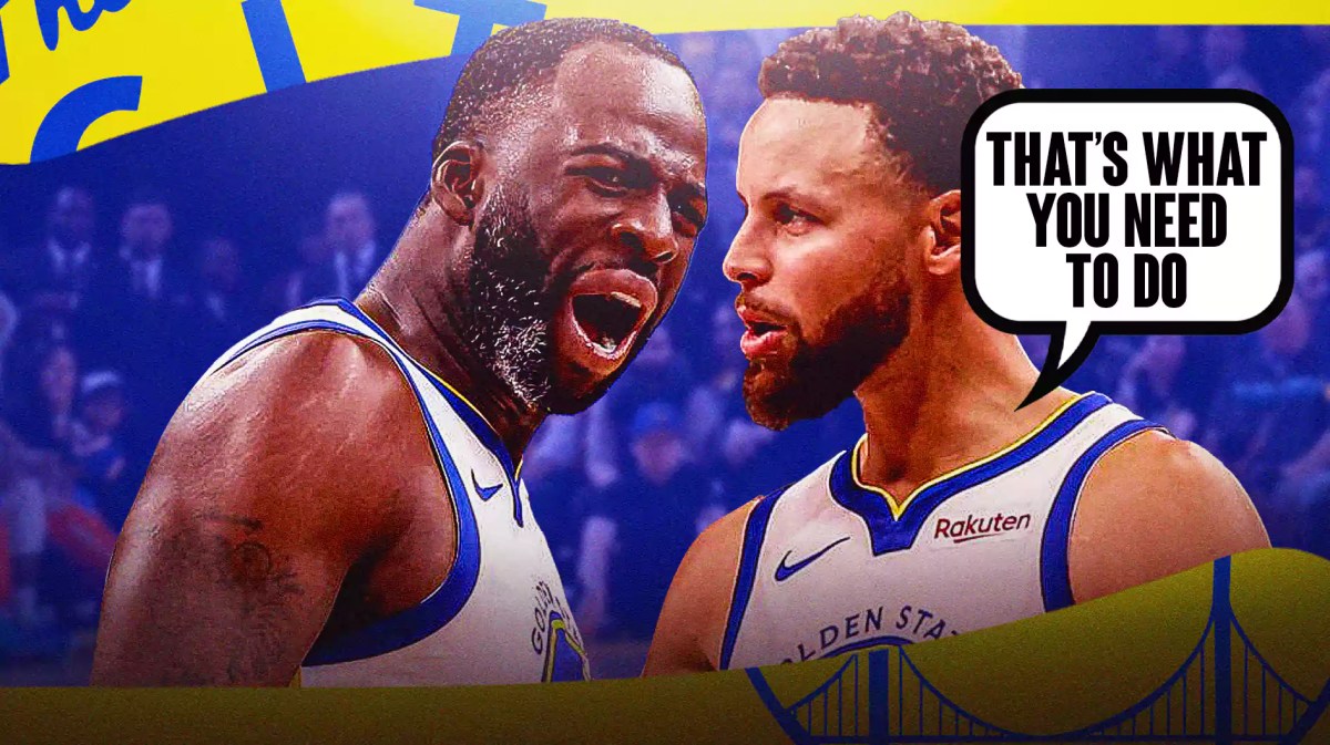 Stephen Curry saying: 'That's what you need to do, include Draymond Green alongside him with the Warriors arena in the background