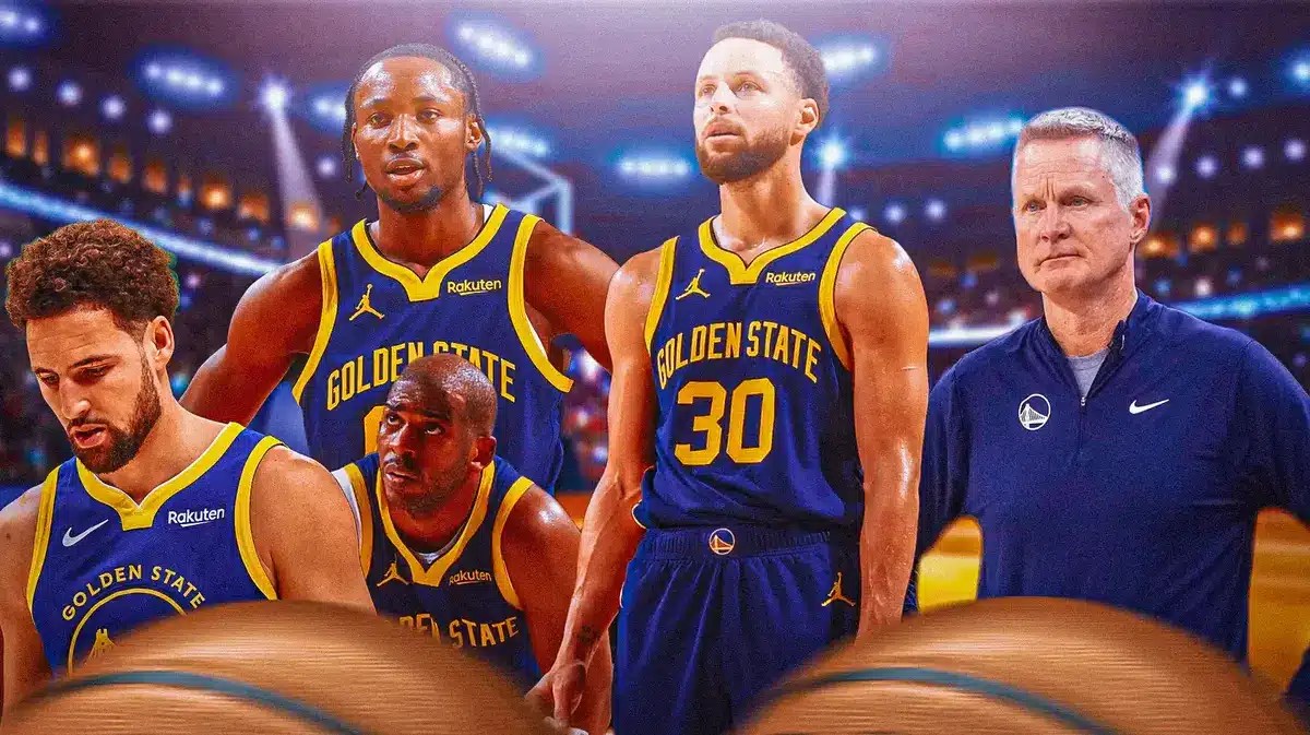 Warriors' Steve Kerr, Klay Thompson, Jonathan Kuminga, Chris Paul, Stephen Curry