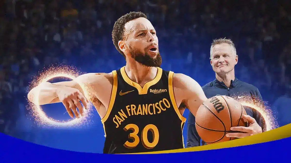 Warriors star Stephen Curry as magician with Steve Kerr looking towards him