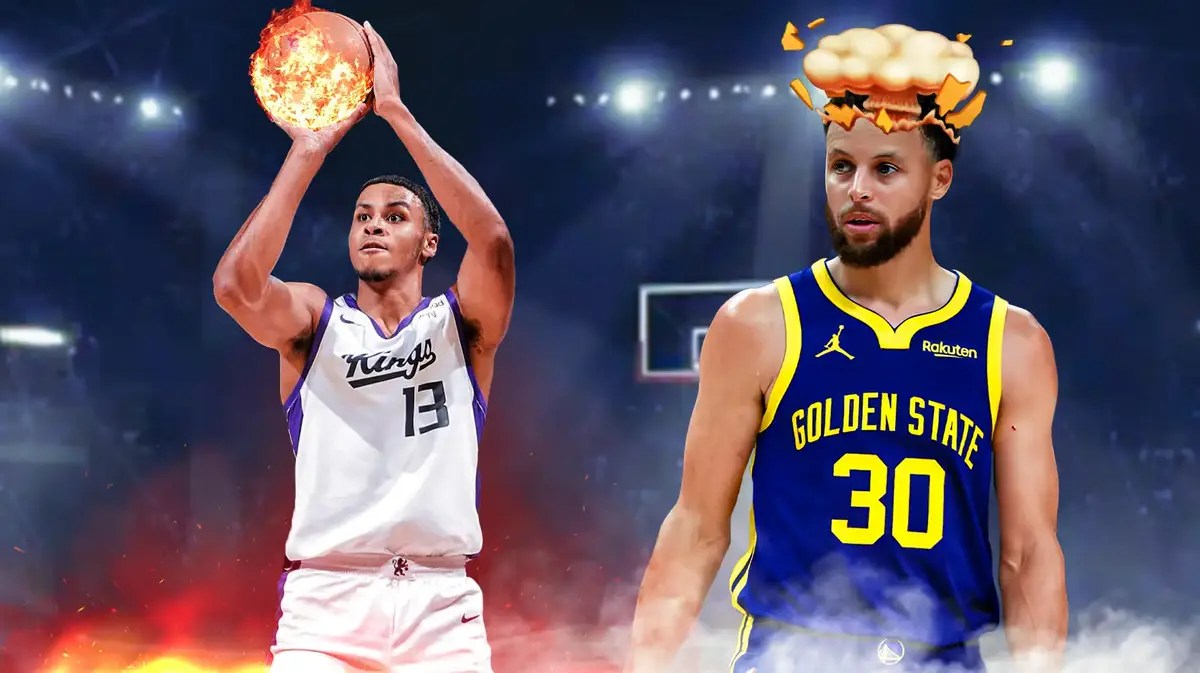 Stephen Curry with mind-blown head. Keegan Murray shooting the ball on fire