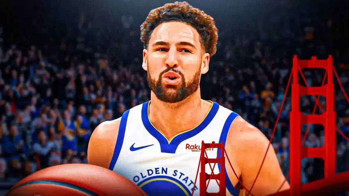 Golden State Warriors star Klay Thompson in front of the Chase Center.