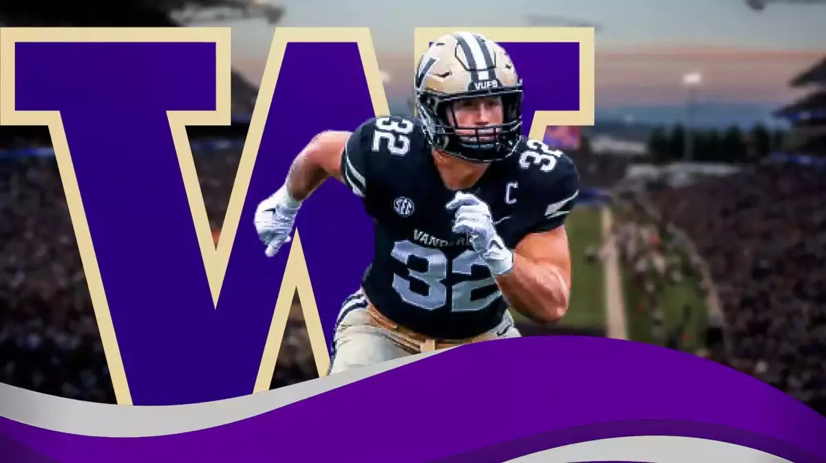 Linebacker Ethan Barr with Washington Huskies logo at the back