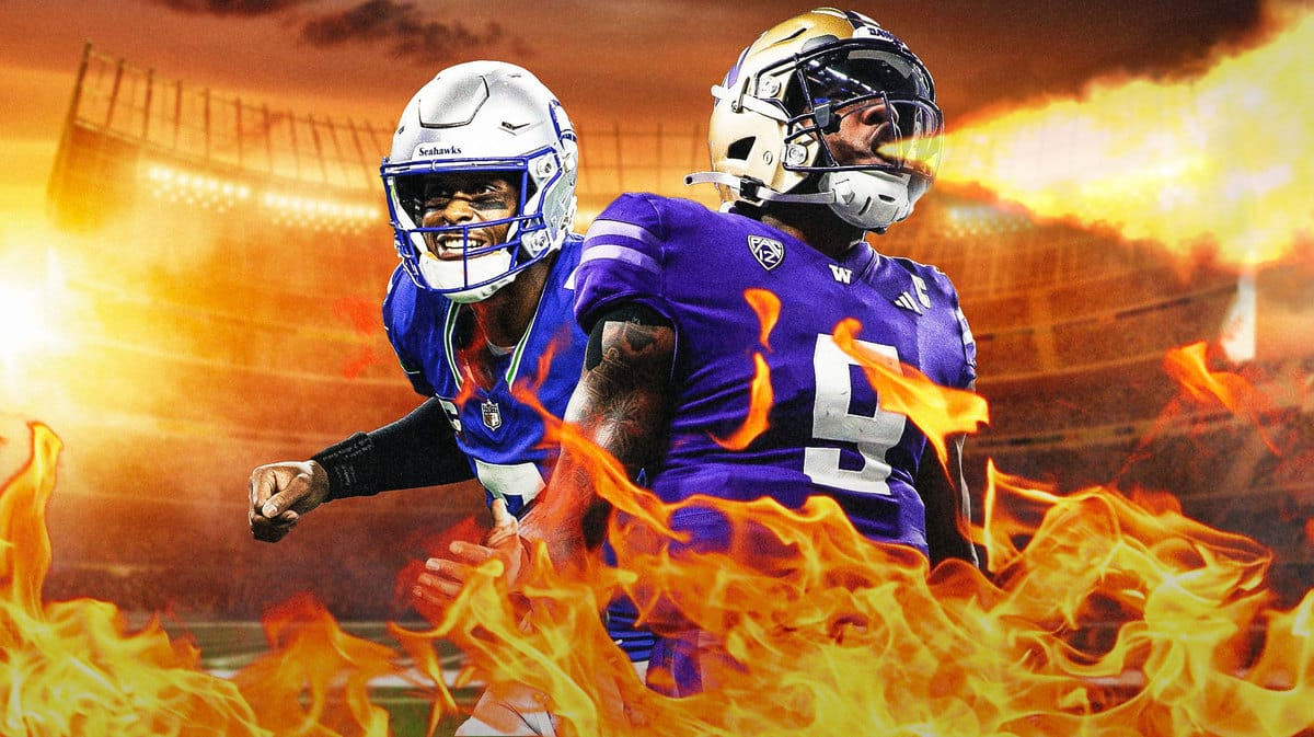 Michael Penix Jr. with fire coming out his mouth. Geno Smith looking hyped