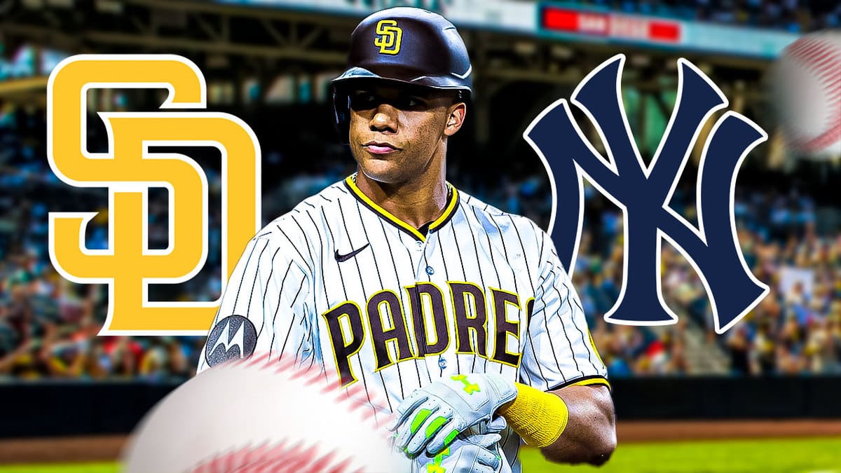Juan Soto between the Padres and Yankees logos