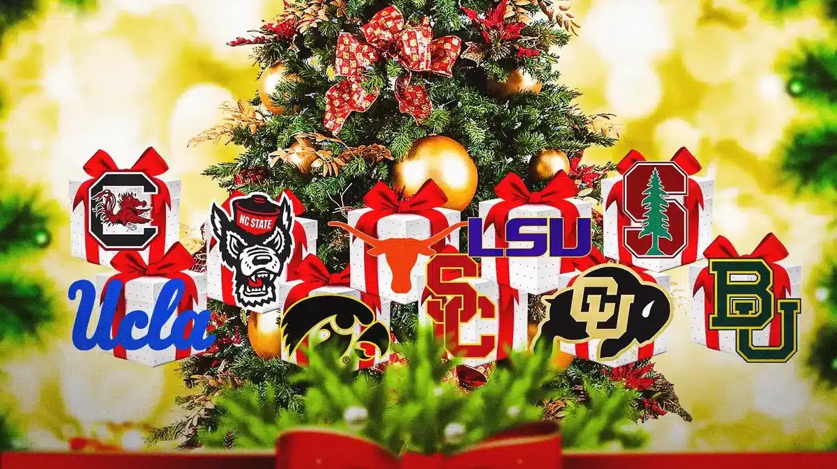 The logos for the current top 10 women’s college basketball team (see link: AP Top 25 Women's College Basketball Poll ) with Christmas imagery around the logos, mainly presents, presents under a Christmas tree
