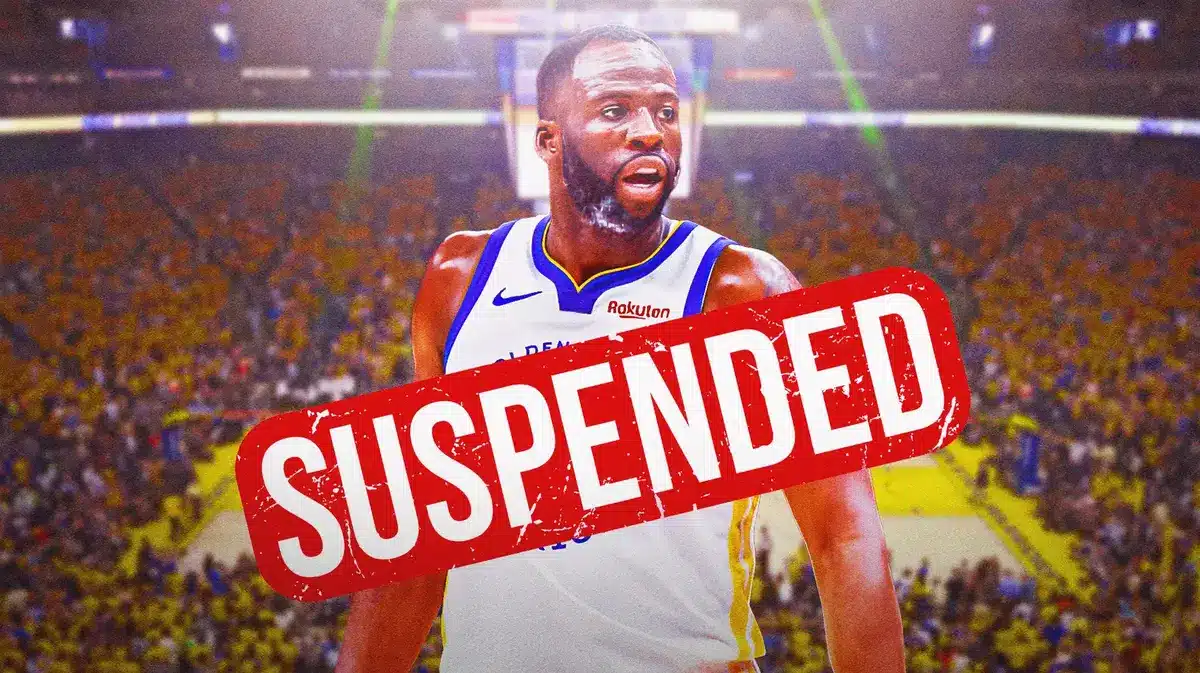Draymond Green with red "suspended" stamp across him