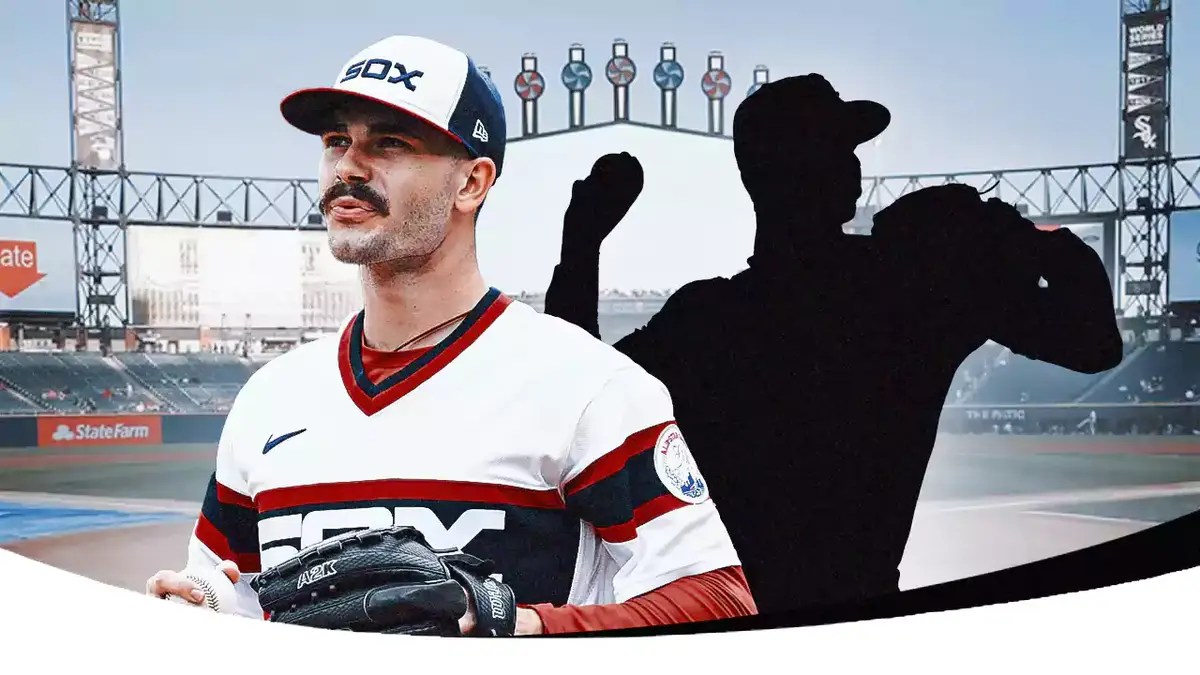 White Sox’s Dylan Cease smiling. Place the silhouette of a right-handed White Sox pitcher pitching a baseball next to Cease.