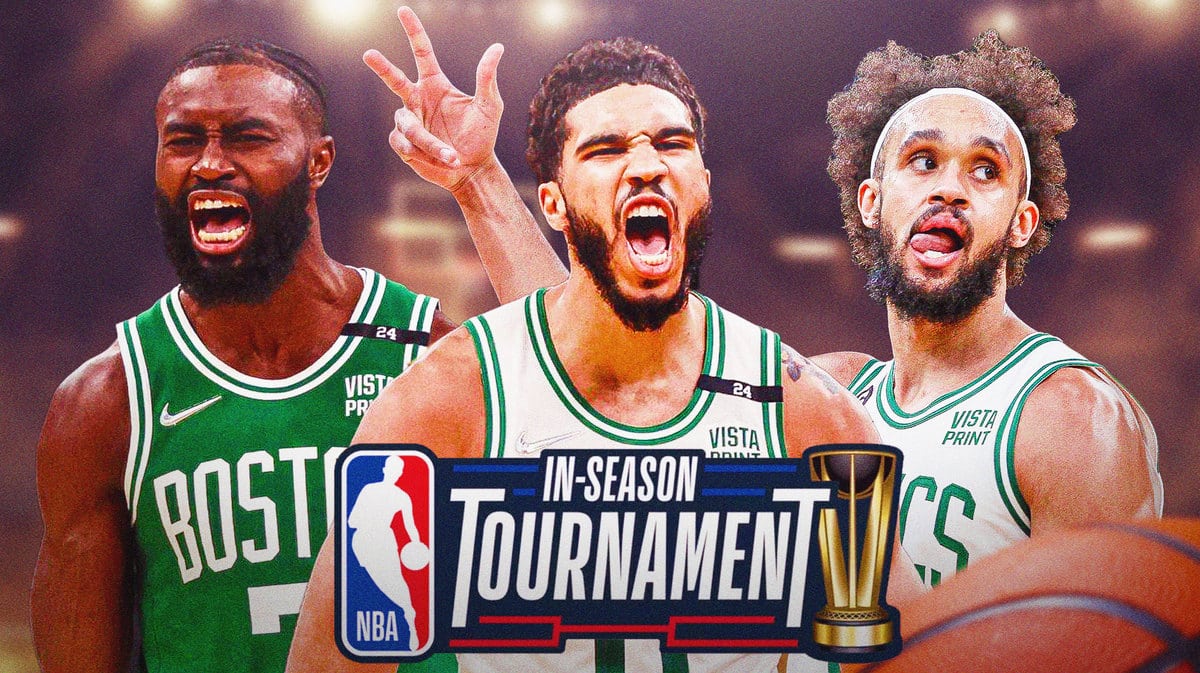 Jayson Tatum, Jaylen Brown, and Derrick White all in Celtics jerseys looking hyped with the In-Season Tournament logo.