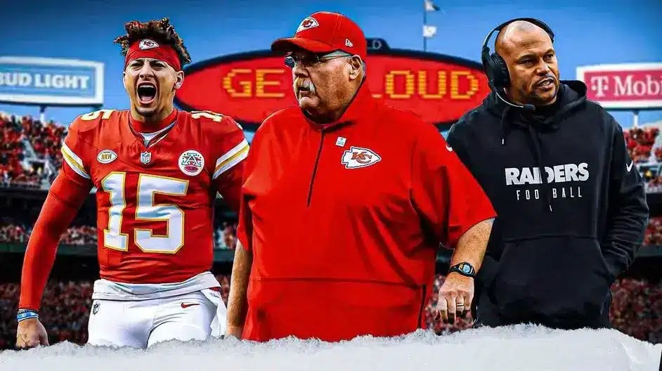 Chiefs Patrick Mahomes and Andy Reid with Raiders Antonio Pierce
