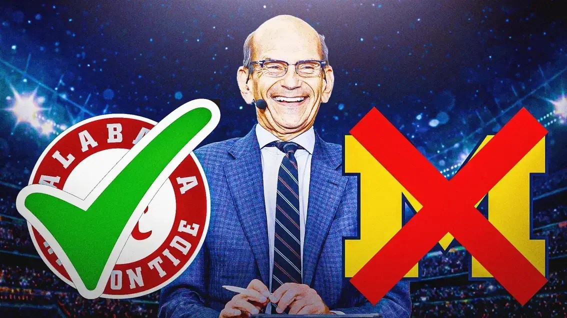 Analyst Paul Finebaum next to the Alabama football and Michigan football logo.