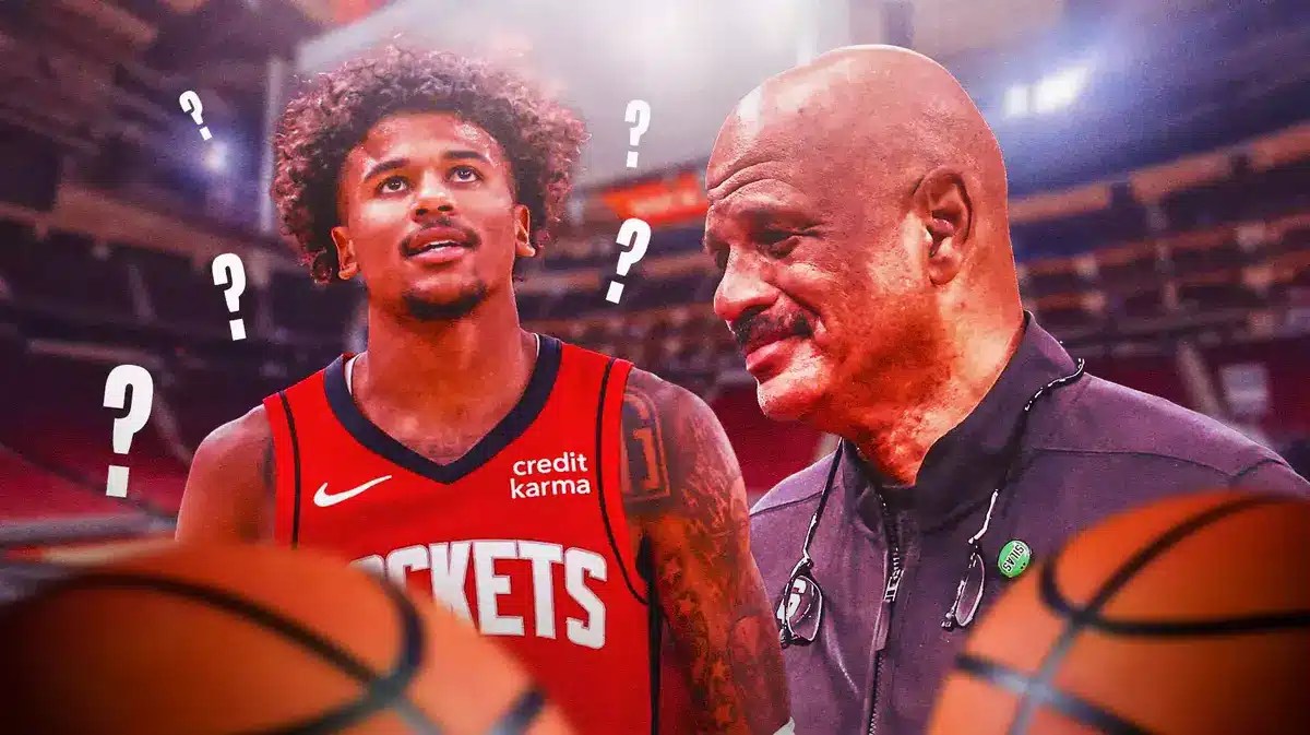 IMAGE: Rockets Assistant Coach John Lucas appearing confident, with Jalen Green in the middle surrounded by question marks.