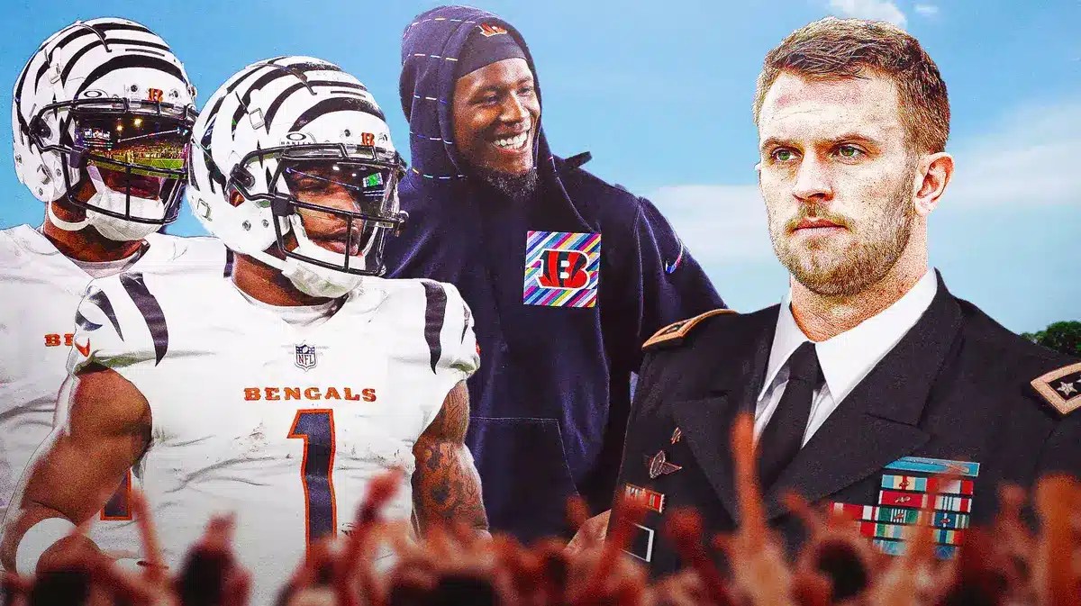 Thumb: Bengals' Jake Browning edited into a general, with Ja’Marr Chase, Joe Mixon, Tee Higgins. Joe Burrow with heart eyes.