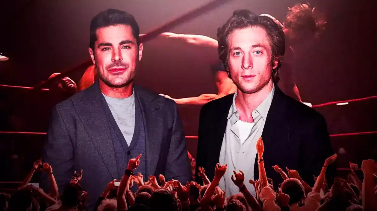 Zac Efron and Jeremy Allen White in front of The Iron Claw.