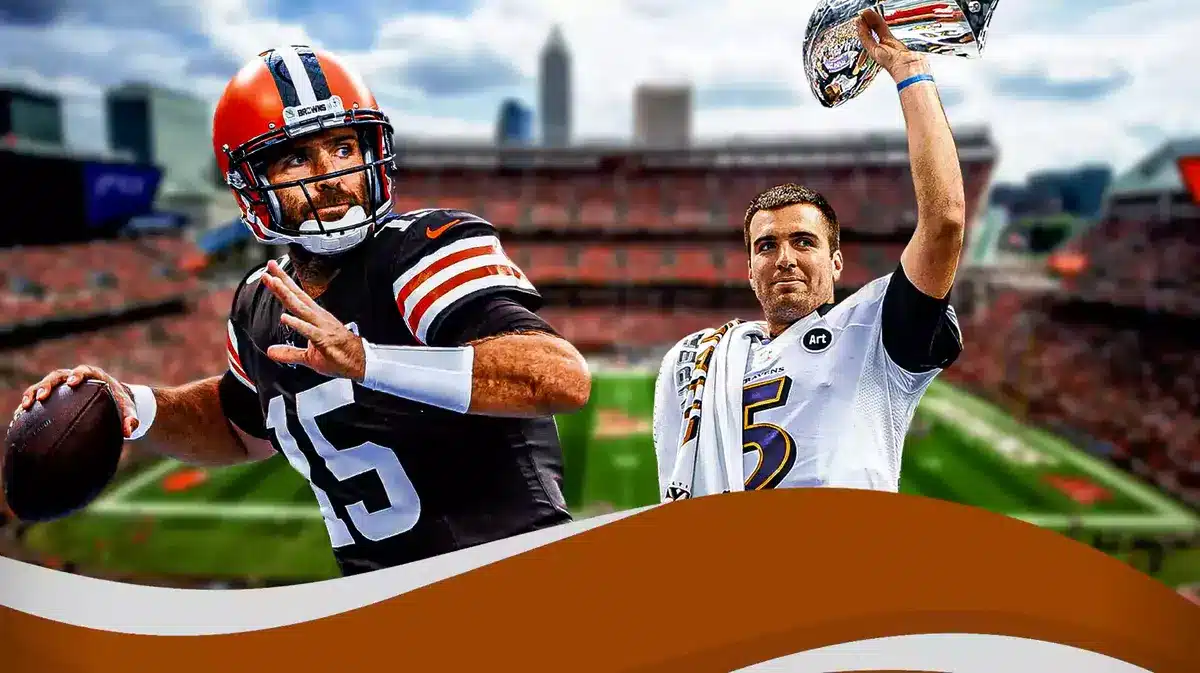 Joe Flacco for the Browns and with the Ravens holding Super Bowl trophy