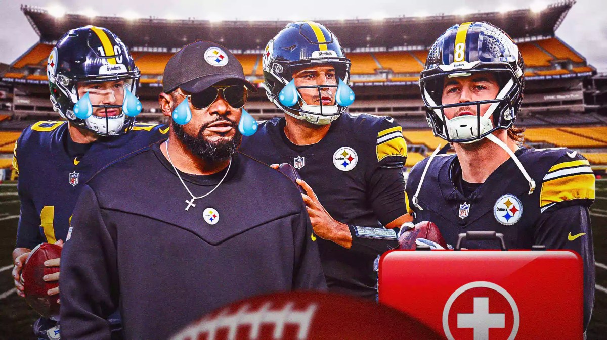 Steelers' Kenny Pickett with a first-aid kit and Mike Tomlin, Mason Rudolph, Mitchell Trubisky crying