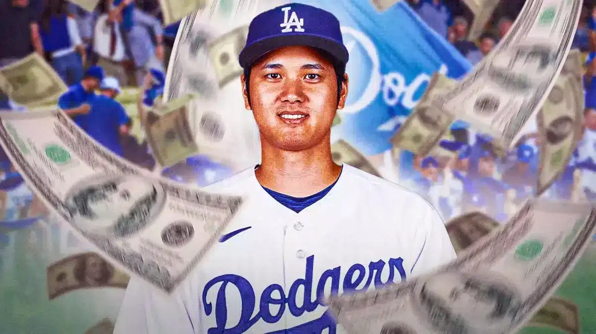 Shohei Ohtani in a Dodgers uniform with money flying around