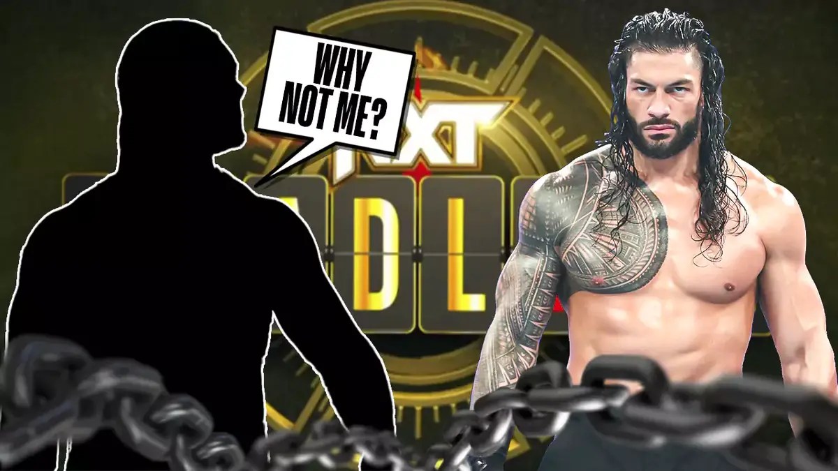 Roman Reigns next to the blacked out silhouette of Baron Corbin with a text bubble reading “Why not me?” with the NXT Deadline logo as the background.