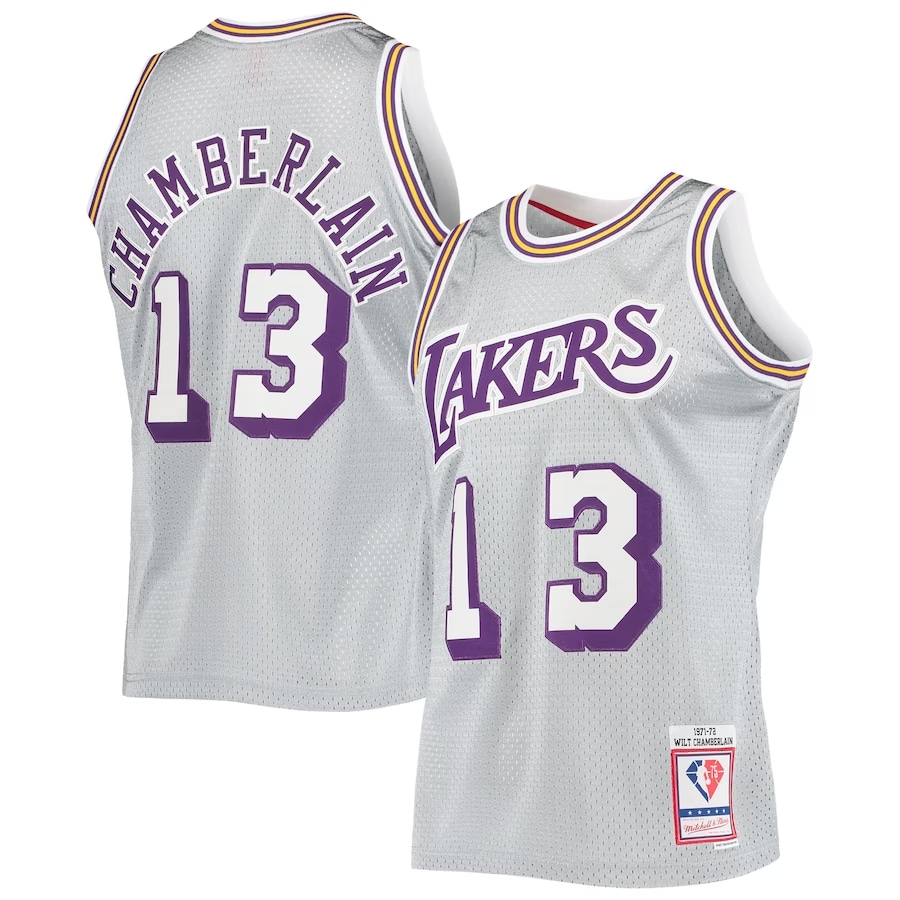 Wilt Chamberlain Los Angeles Lakers Mitchell & Ness 75th Anniversary 1971/72 Hardwood Classics Swingman Jersey - Silver colored on a white background.