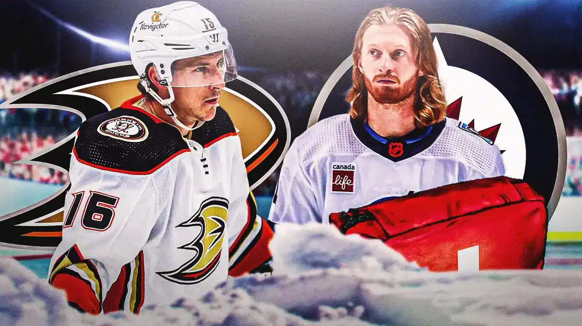 Kyle Connor in middle of image looking stern with first aid kit on one side, Ryan Strome on other side looking stern, WIN Jets logo beside Connor and ANA Ducks beside Strome, hockey rink in background