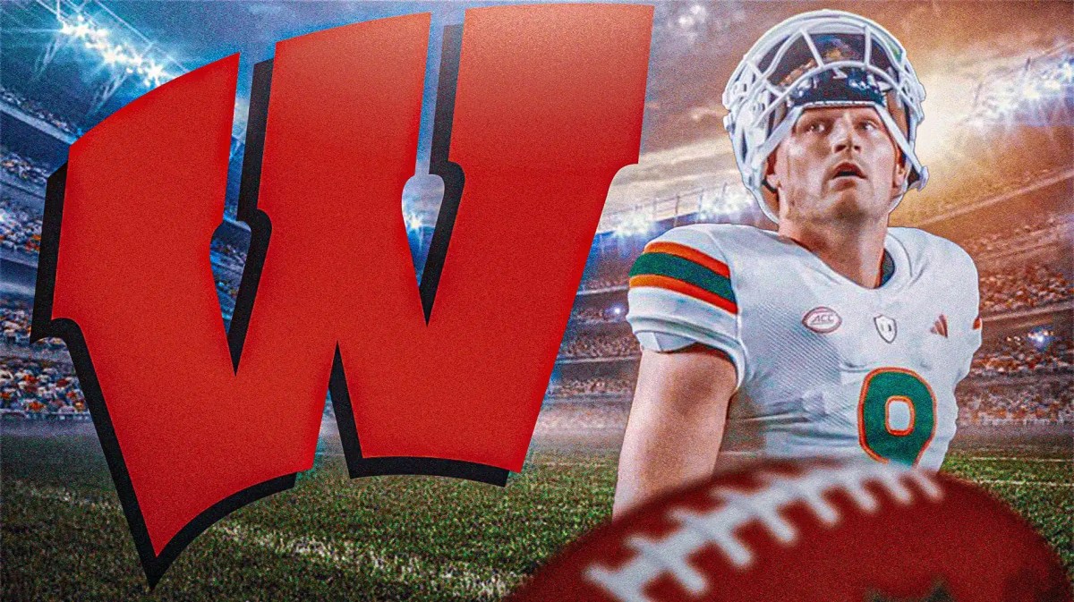 Wisconsin logo on the left, Tyler Van Dyke on the right.