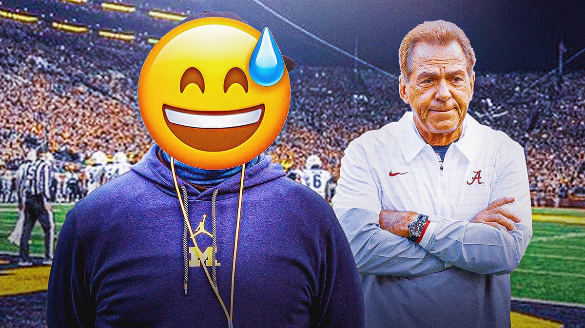 Jim Harbaugh with 😅 emojis by him, Nick Saban